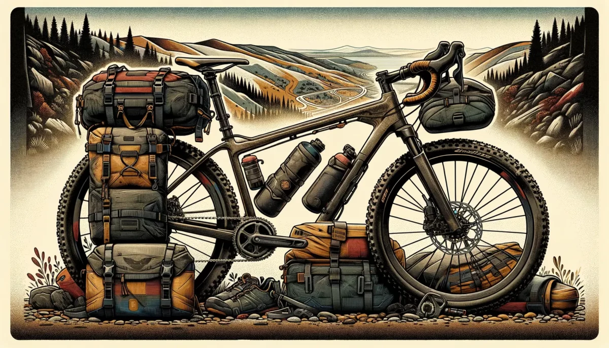 Illustration of a gravel bike fully equipped with various bikepacking bags.